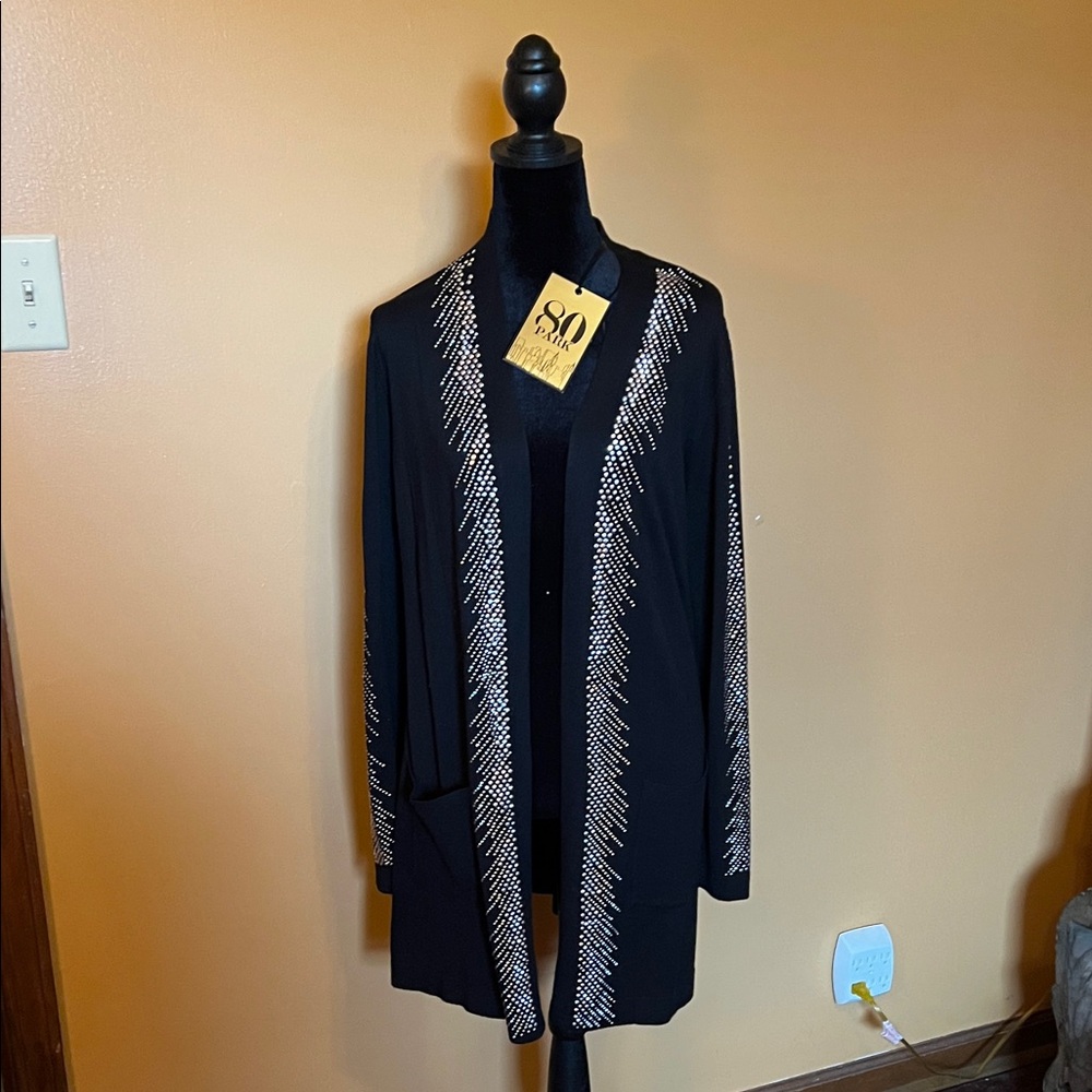 Black Open-Front Cardigan with Embellished Trim
